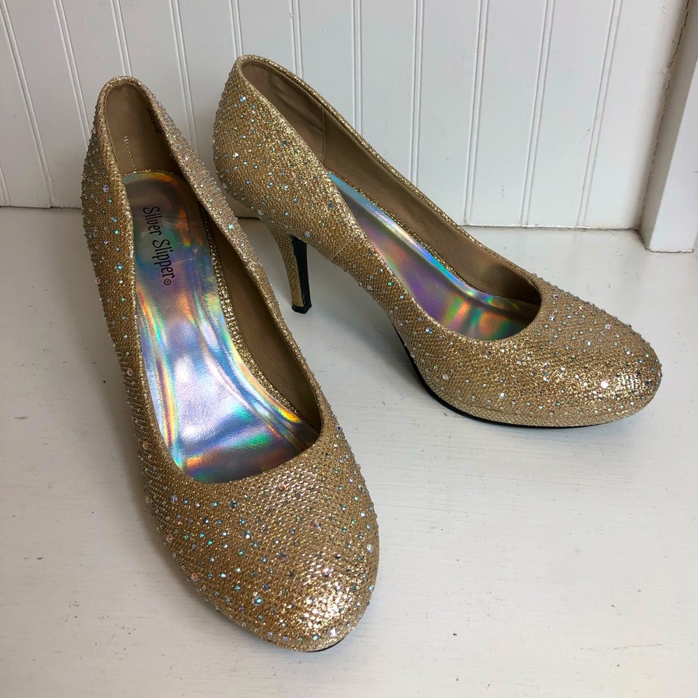 Silver Slipper rhinestone gold tone heels